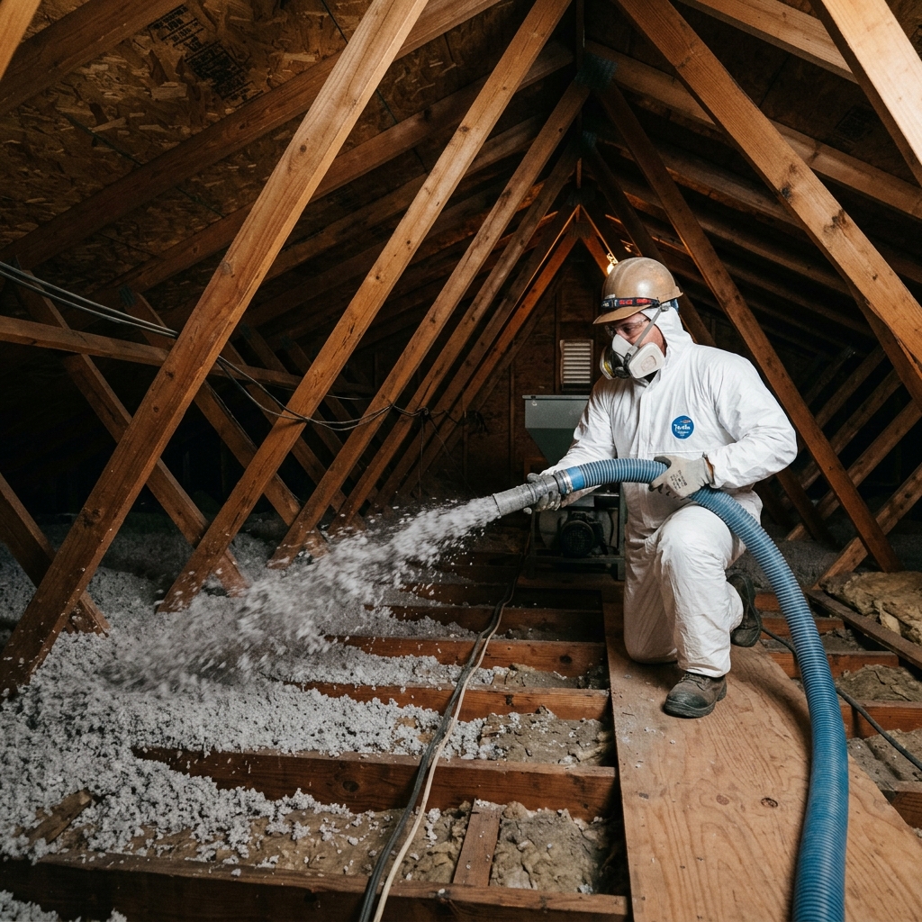 Isolation des combles perdus par soufflage — un ouvrier projette de l'isolant en vrac sur le plancher du grenier