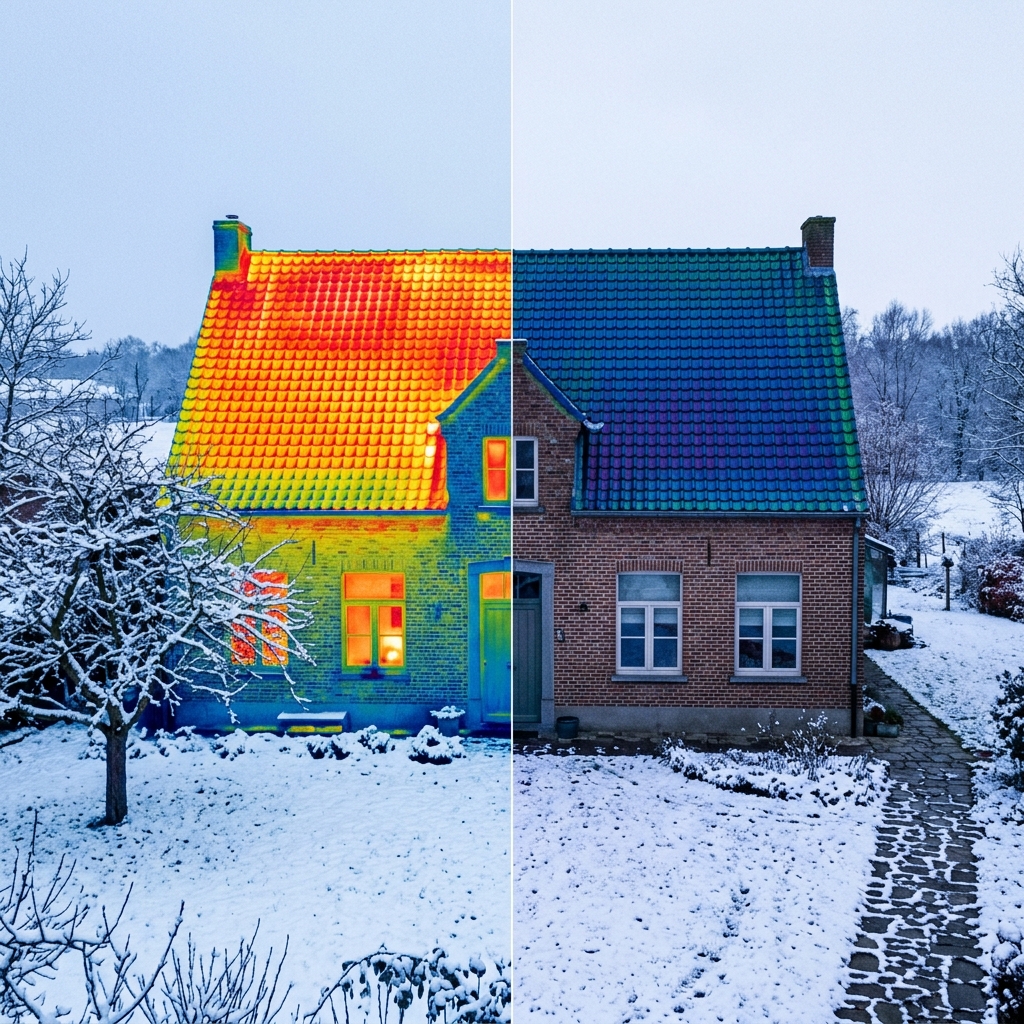 Image thermique avant/après isolation de toiture — déperditions de chaleur par le toit d'une maison belge