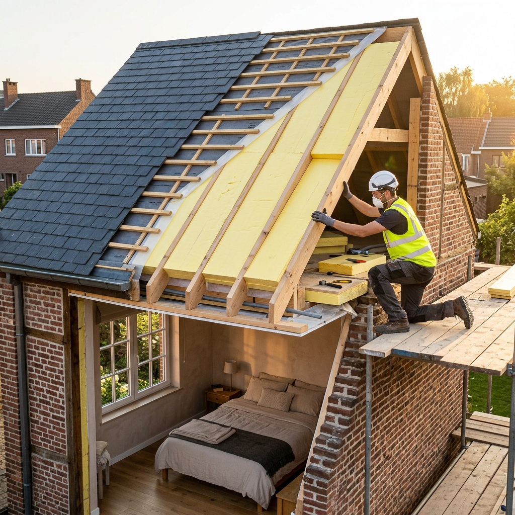 Isolateur posant des panneaux PIR sur la toiture d'une maison belge en briques — vue en coupe montrant les couches d'isolation