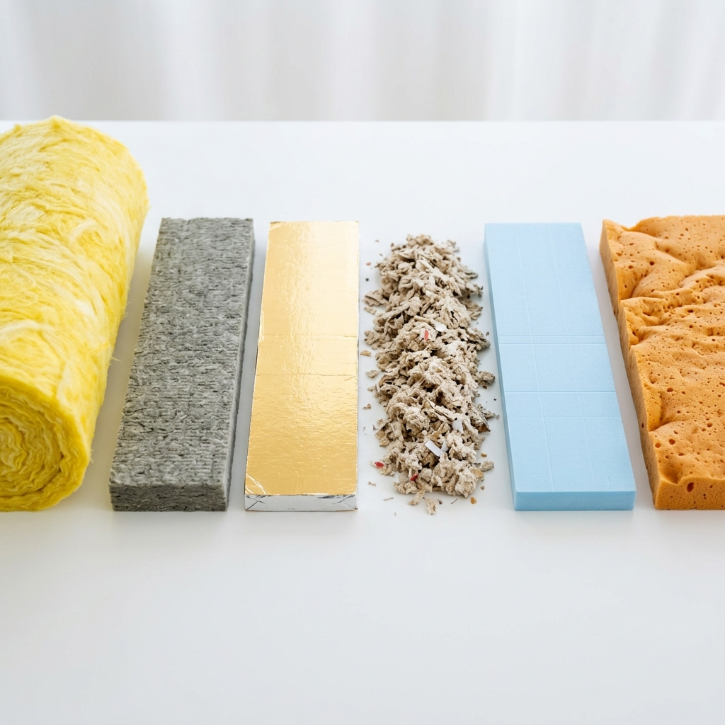 Comparatif des matériaux d'isolation — laine de verre, laine de roche, PIR, cellulose, XPS et PUR côte à côte