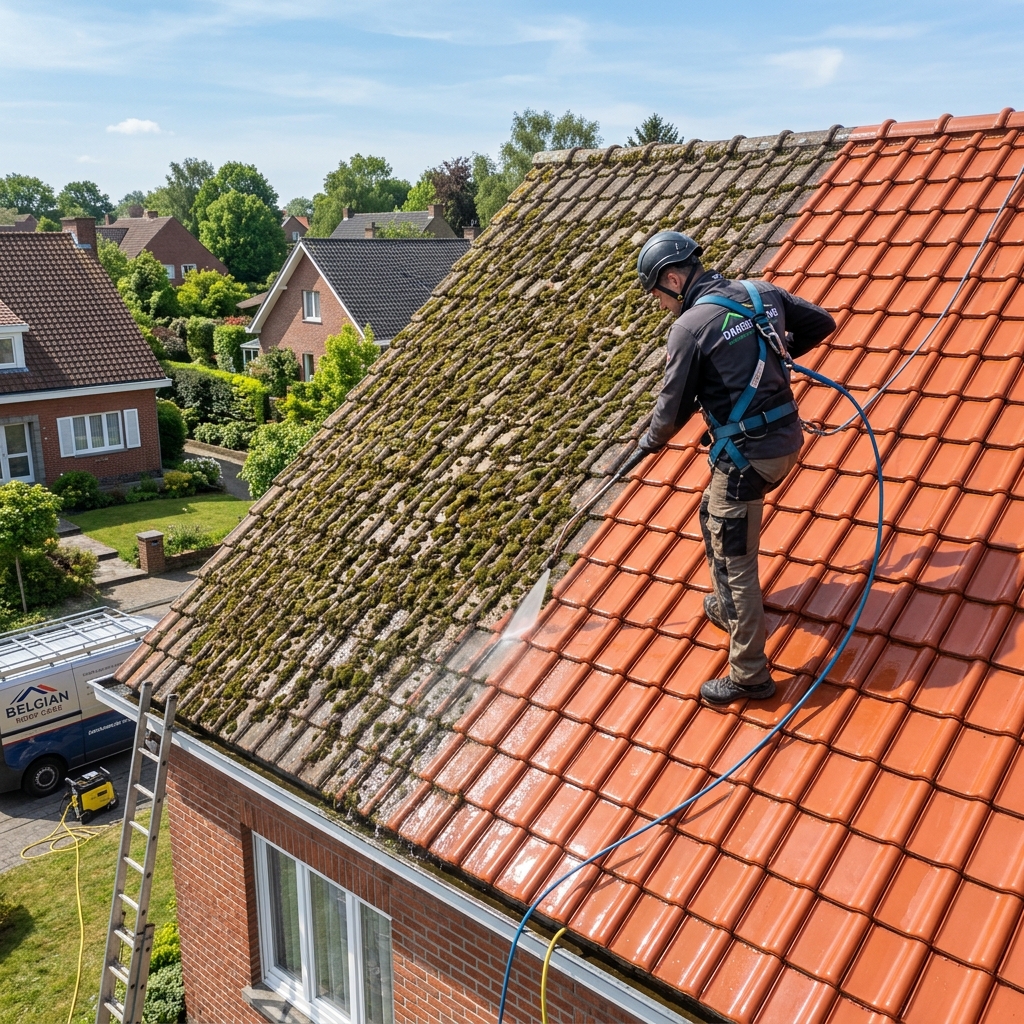 Nettoyage de toiture par haute pression — avant/après sur des tuiles belges