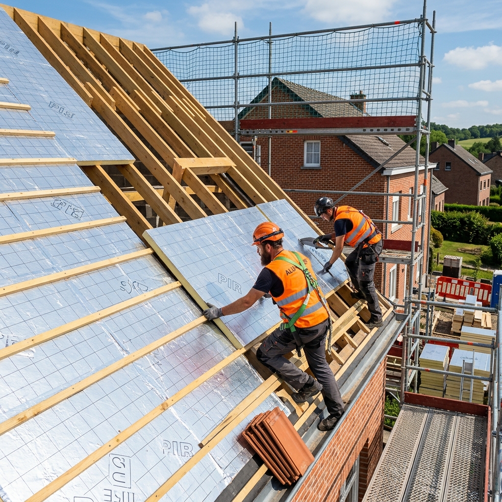 Installation de sarking — ouvriers posant des panneaux PIR sur la charpente d'une maison belge