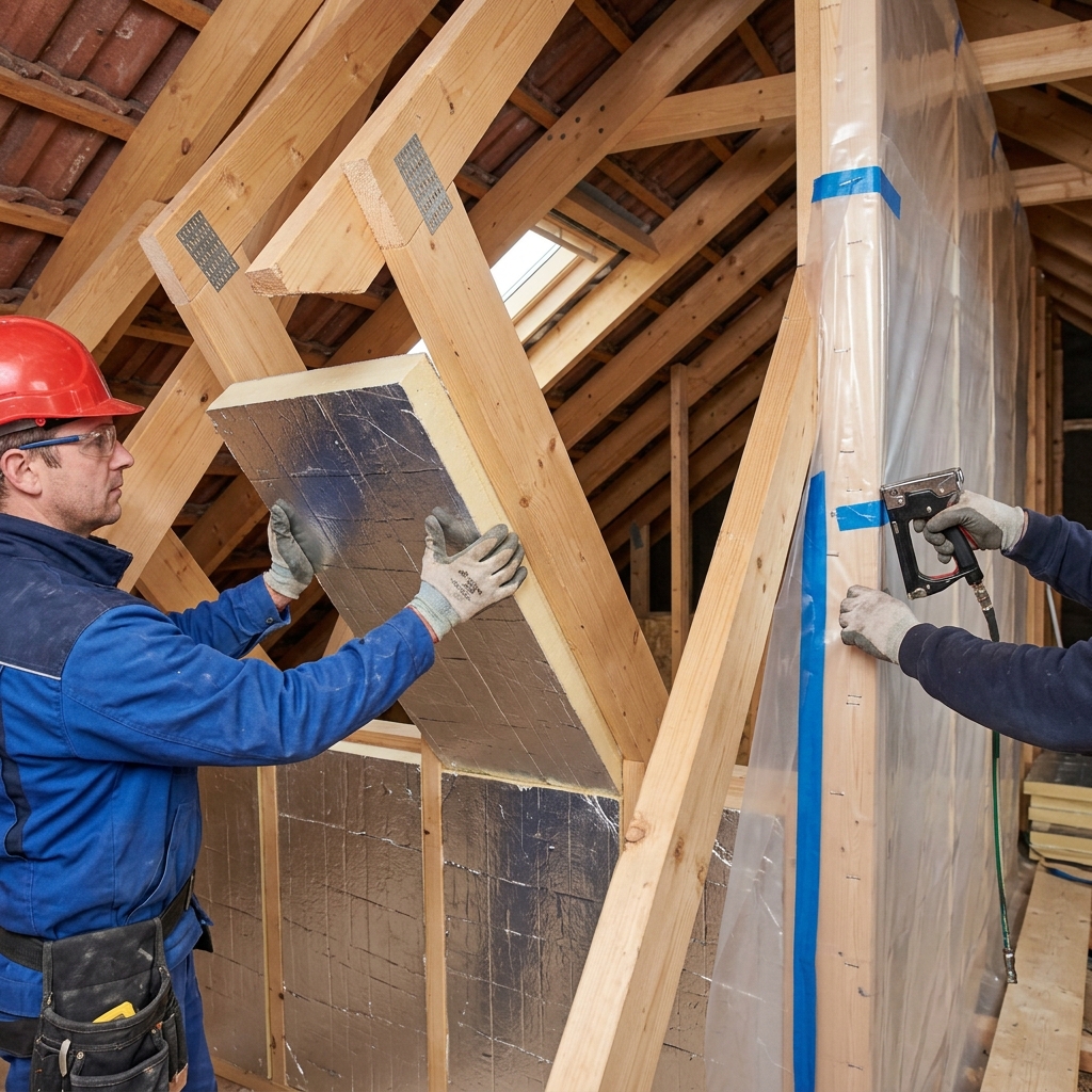Pose de panneaux PIR entre les chevrons d'une toiture en pente — isolation sous-rampants