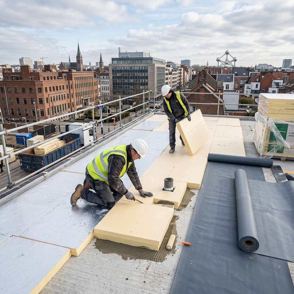 Isolation d'une toiture plate à Bruxelles — ouvriers posant des panneaux PIR sur un toit-terrasse